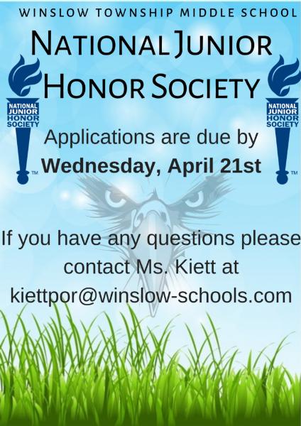 National Junior Honor Society - Applications due by 4.21.21